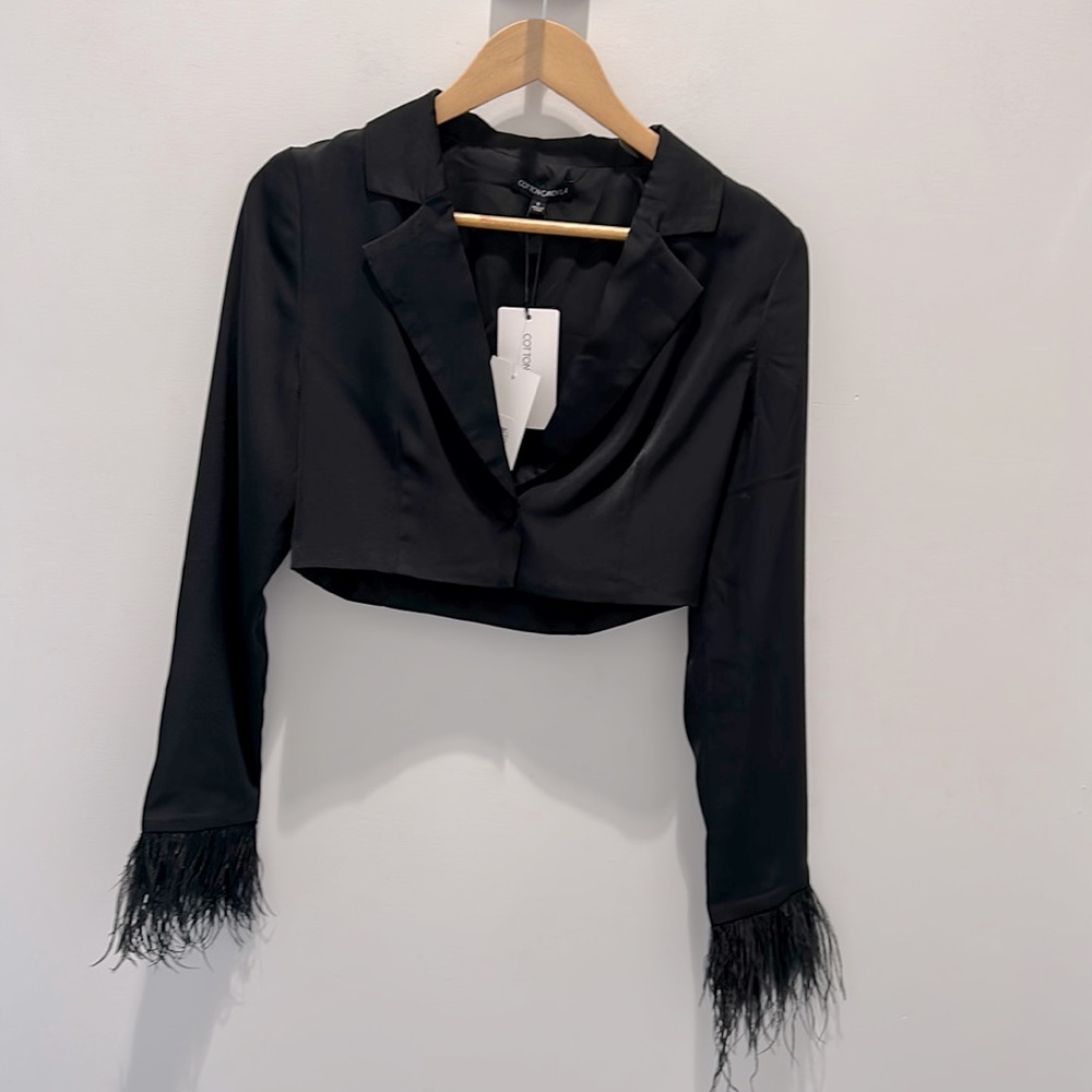 Feather Trim Blazer in Black